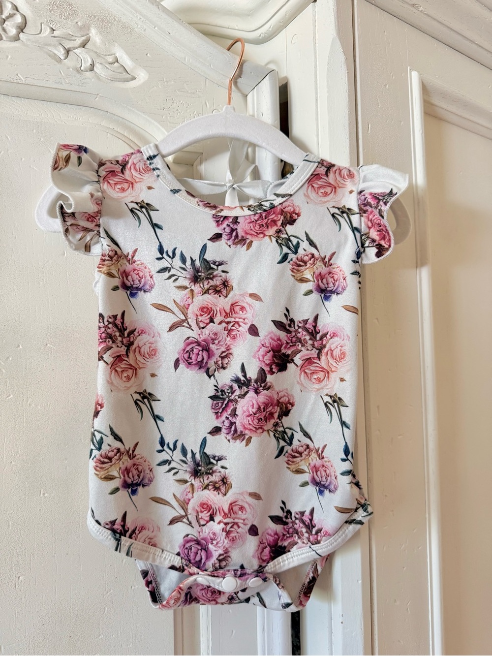2 for $10 Girls Soft Floral Ruffled Sleeve Onesie - White with Pink Roses